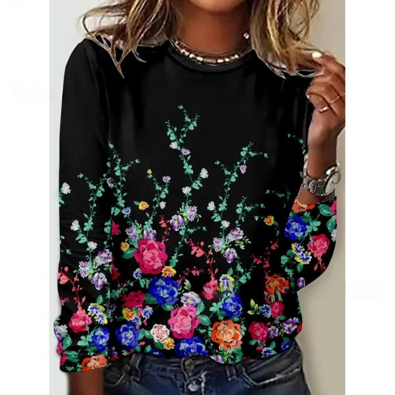 Popular Style Printed Long Sleeve T-shirt Floral Print Women's Clothing