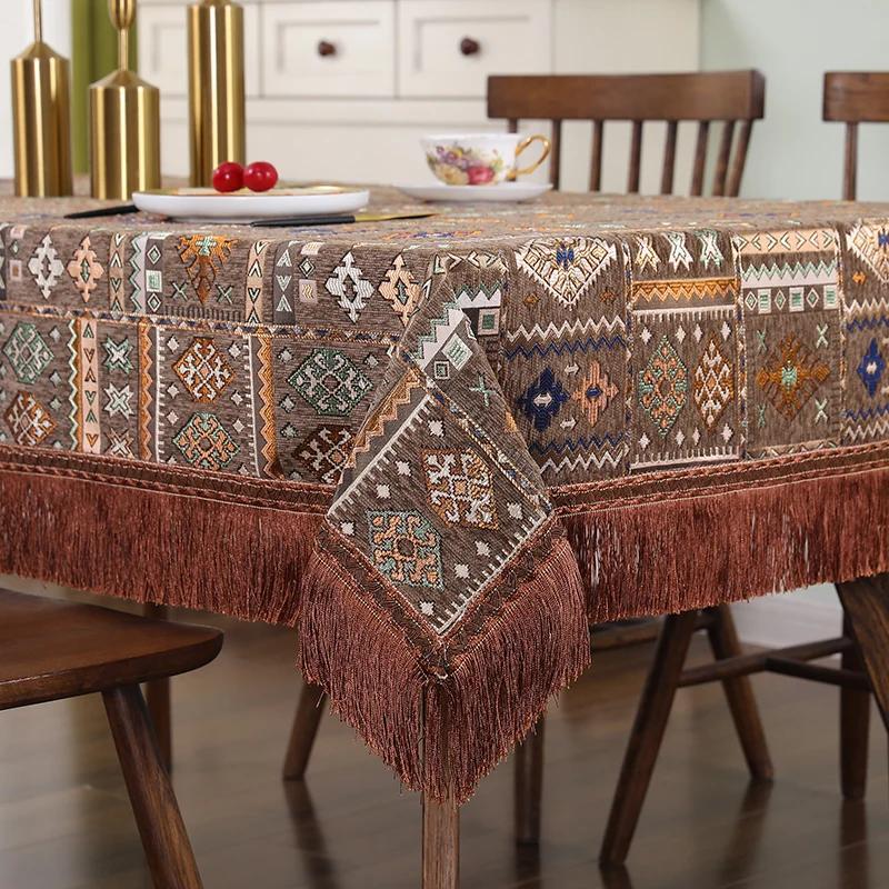 American Style Chenille Tablecloth Retro Ethnic Minority Style Embroidery Rectangular Table Clothes Geometry Classical Deskcover