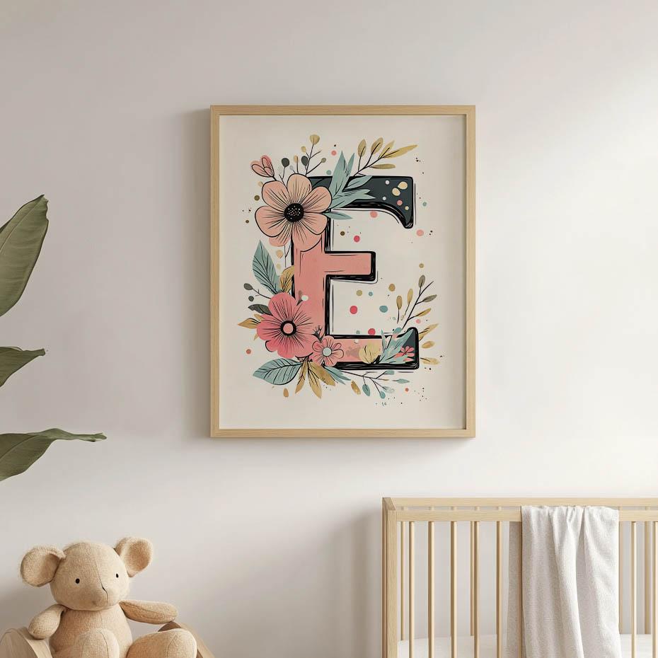 Floral Letter E Poster Floral Letter E Poster, 30X40 Cm, White Wooden Frame, 230 Gsm Matte Paper