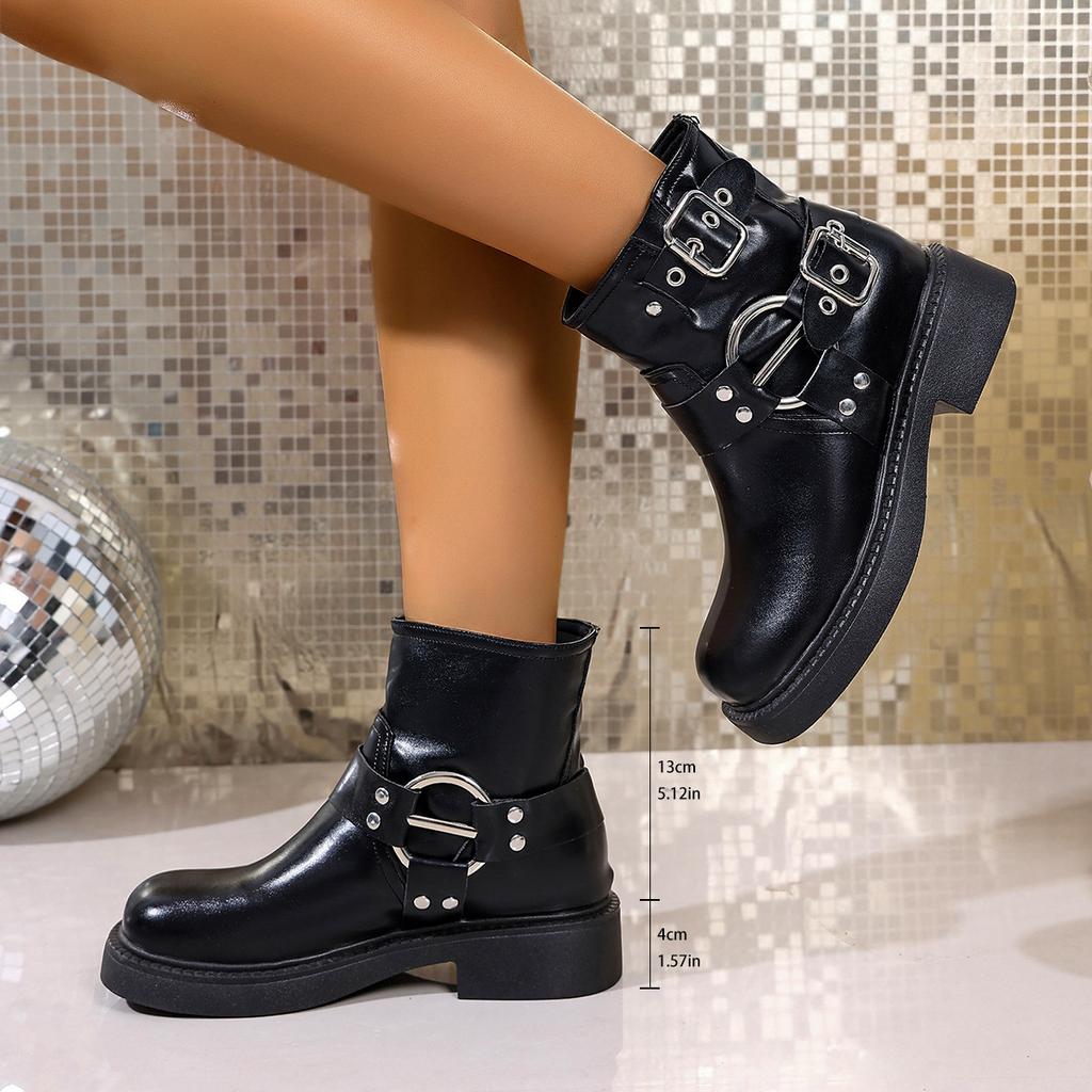 Retro Belt Buckle Western Cowboy Boots Women's 2025 New British Style Versatile Large Size Medium Boots Locomotive Martin Boots