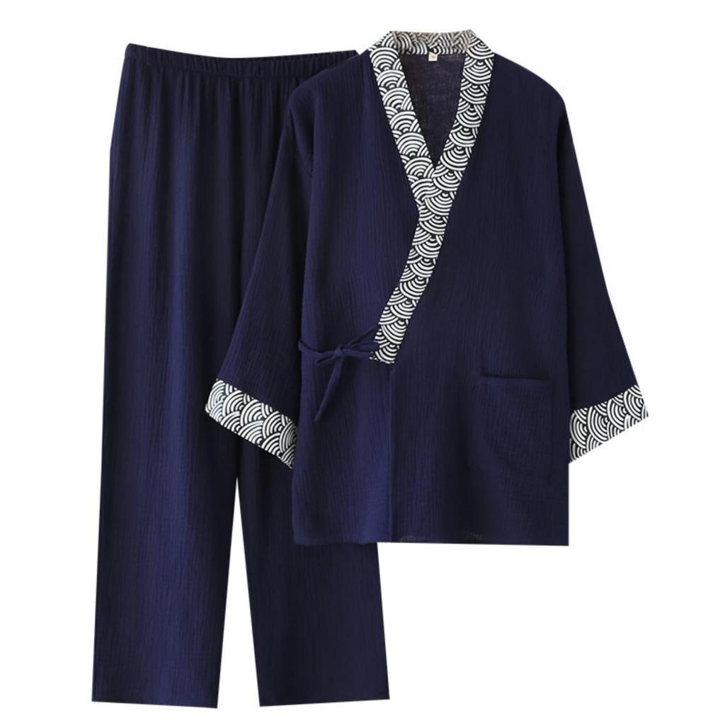 Double Front Room Washable Summer Top and Bottom Summer [GDenFrog] Men's Jinbei, 100% Cotton, Gauze, Plain, 3/4 Sleeve, Opening, Samue, Pajamas,
