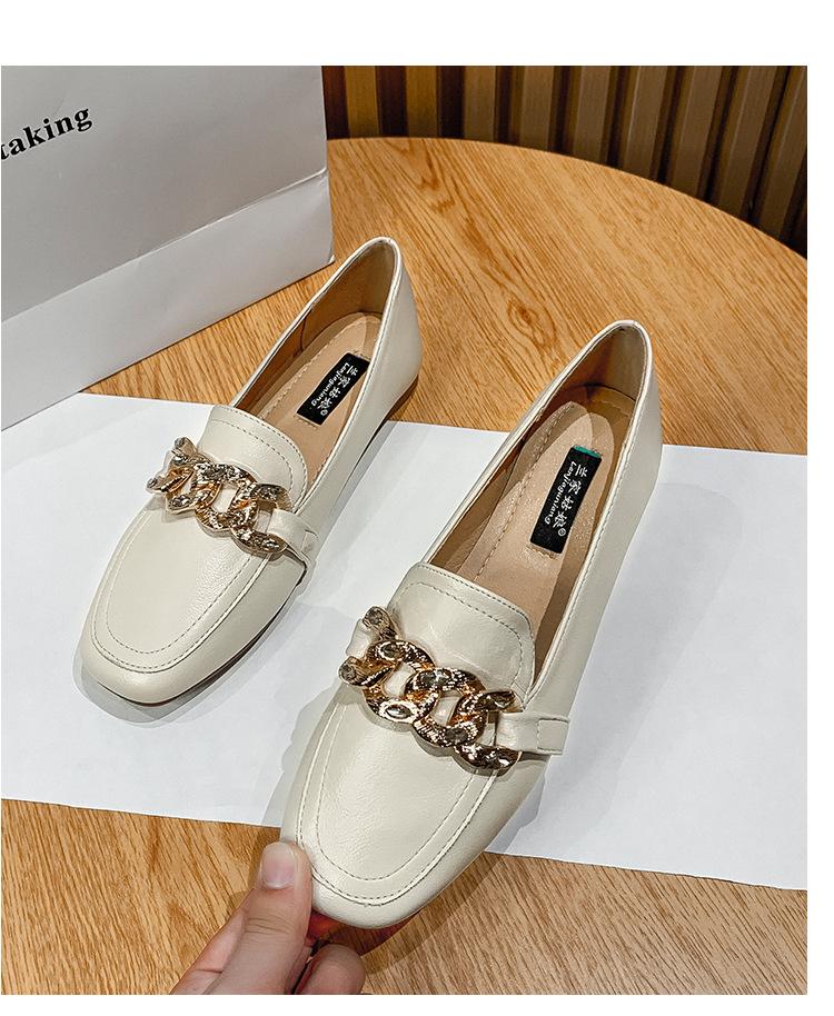 Modische weiche PU-Lederschuhe für Damen, Allround-Slipper, Slip-On-Derbys, quadratische Zehenpartie, Oxfords, große Größe 34-43, flache Damenschuhe mit Metallkette