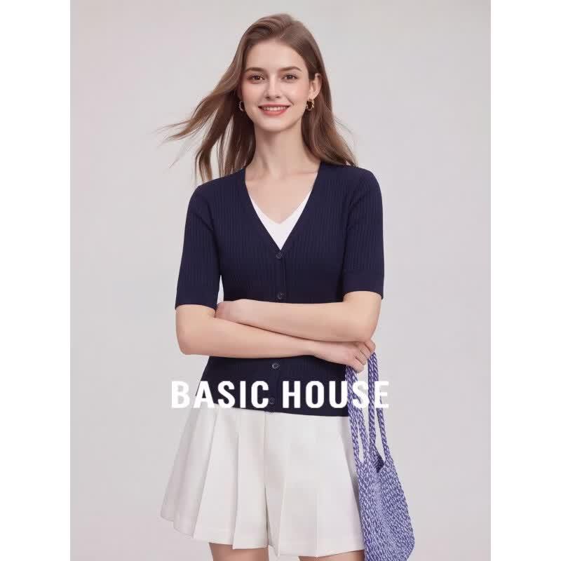 Basic House Women's Faux Two-Piece V-Neck Ice Silk Knit T-Shirt