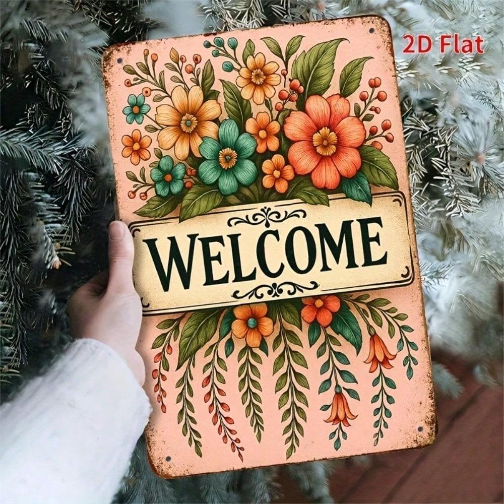 8x12 Inch Floral Welcome Sign Rustic Tin Metal Wall Art Vintage Spring Summer Garden Home Decor