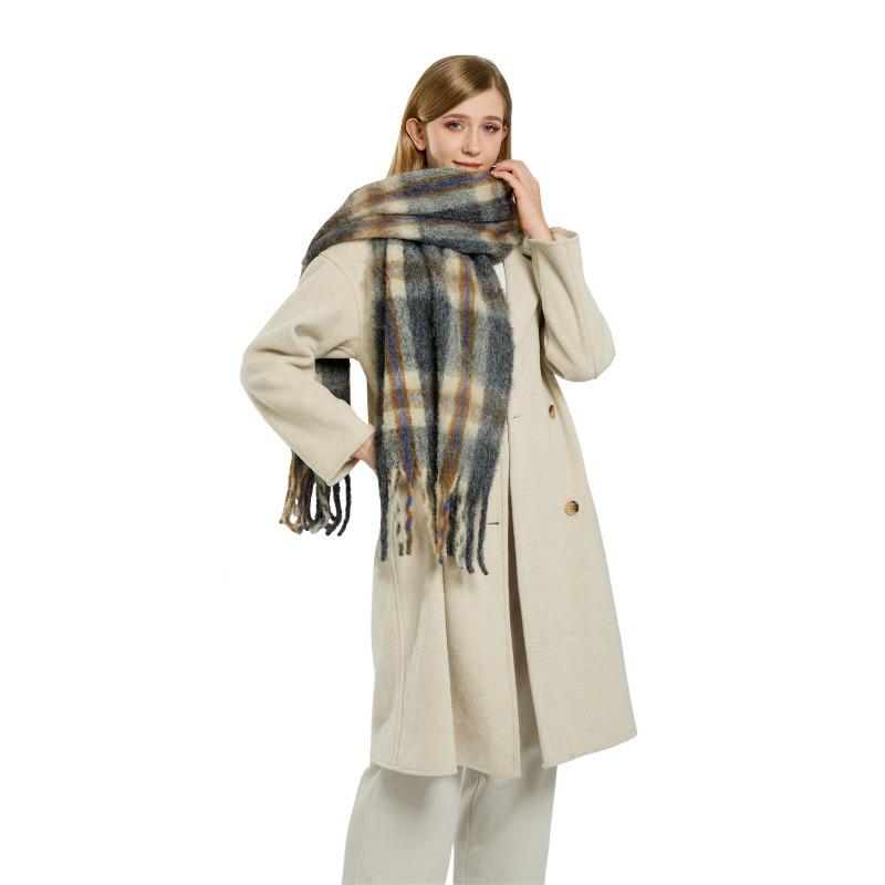 Autumn and Winter Wool Plaid Scarf Women's High-end Imitation Cashmere Versatile Simple Warm Thickened Fringed Scarf