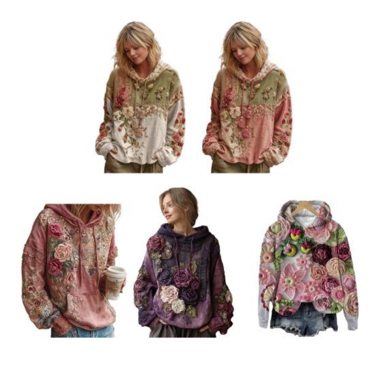 Vintage Floral Hoodie Women's Oversized Sweatshirt Bohemian Casual Pullover with Pocket Long Sleeve Floral Print Tops