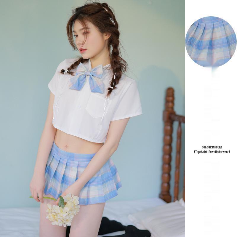 Sexy Transparent Plaid Two-Piece Lingerie Set with Skirt
