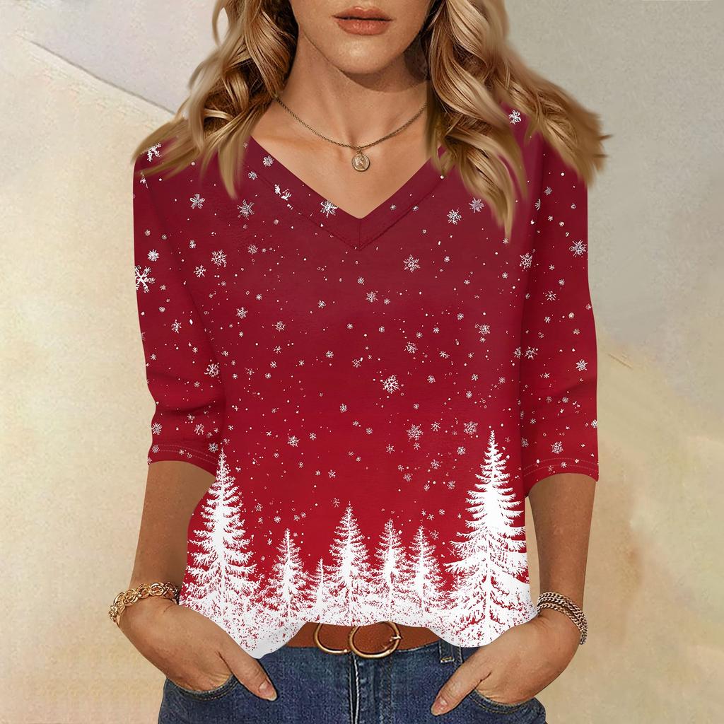 Women's T Shirt CHristmas Print 3/4 Sleeve Daily Weekend Fashion Basic V- Neck Regular Top