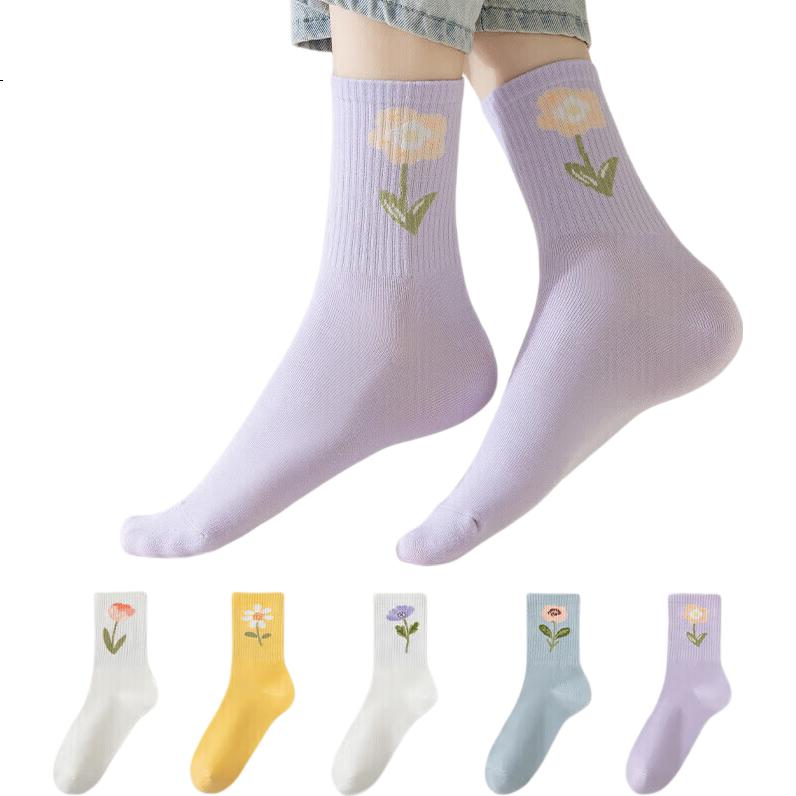 MiiOW 5 Pairs of Women's Socks, Summer Jacquard Mid-Calf Socks, Cotton Socks, Trendy Sweet Fresh Floral Long Socks