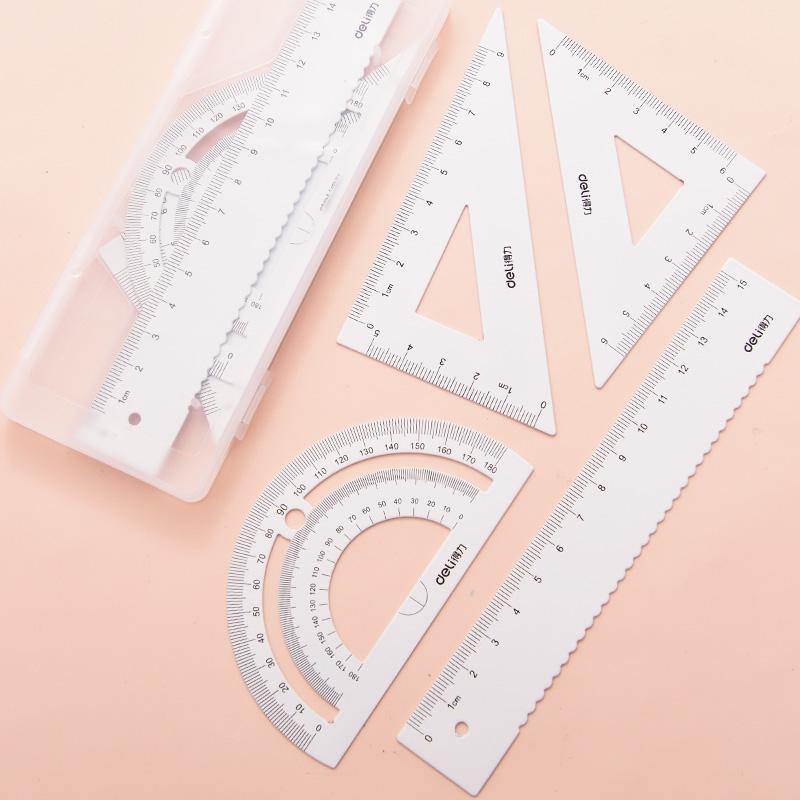 DELI Metal Ruler 20cm Set Stationery for Students Straightedge Triangle Ruler with Wave Line Protractor, Compass Triangle Plate