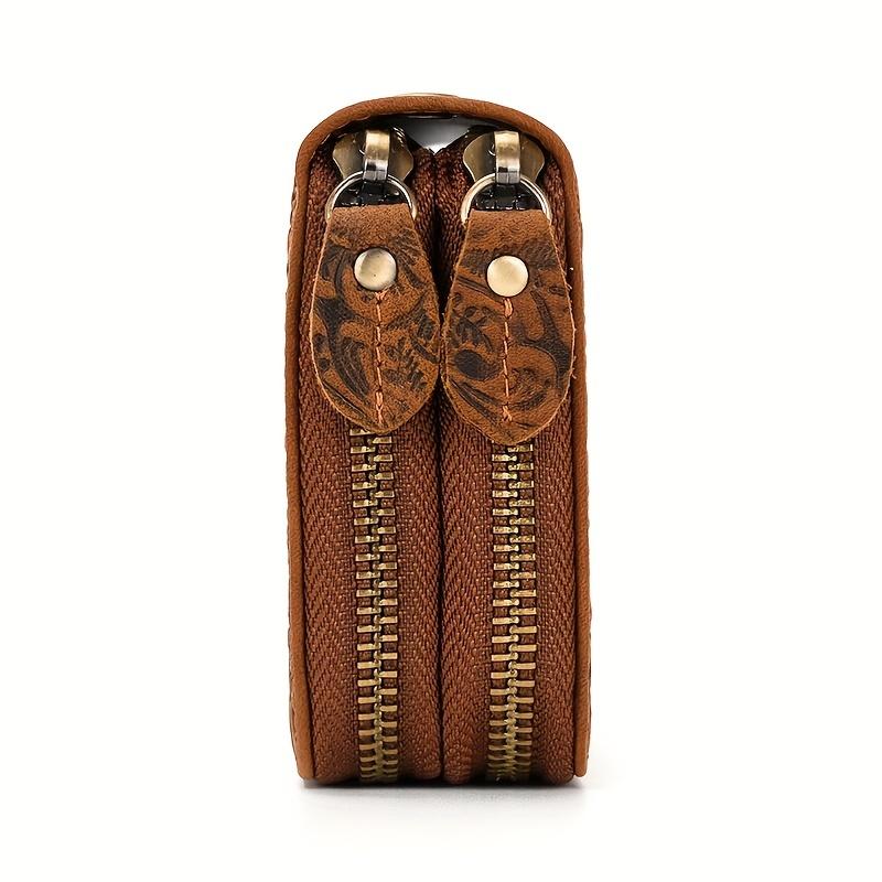 Vintage Herren Echtleder Lange Brieftasche Geprägte Blume Doppel-Reißverschluss Clutch Kartenhalter Brieftasche