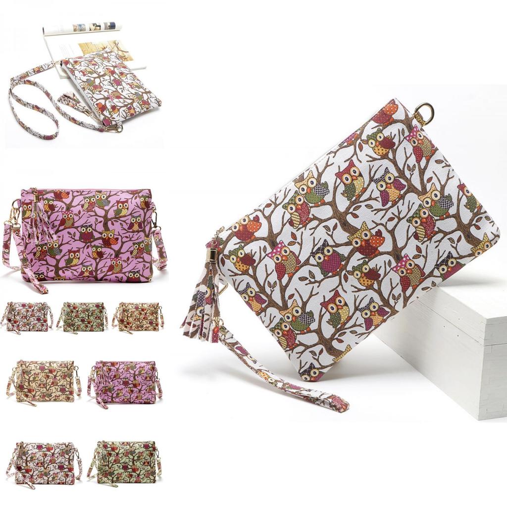 Cartoon Owl Canvas Crossbody Bag With Tassel And Zipper For Women**
