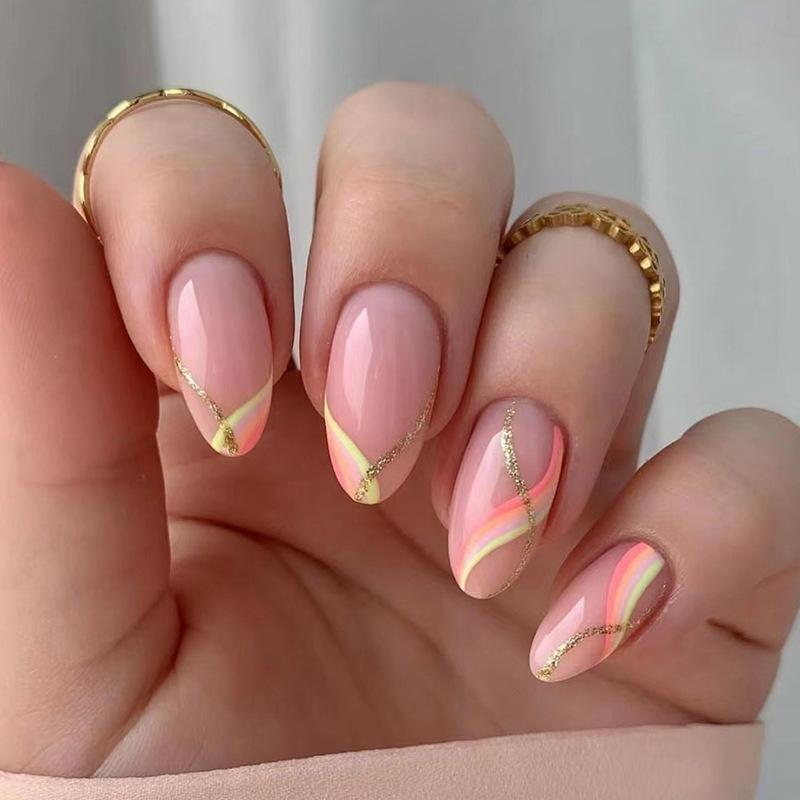 W202 Gold Glitter Stripe Glue On Almond Nails Fresh Minimalist Ins European For Ladies Non Special Cosmetics
