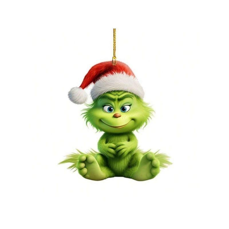 Acrylic Flat 2D Christmas Tree Pendant, Mirror Green Hair Monster - for Holiday Decorations, Halloween, Thanksgiving Flat Christmas Tree Pendant