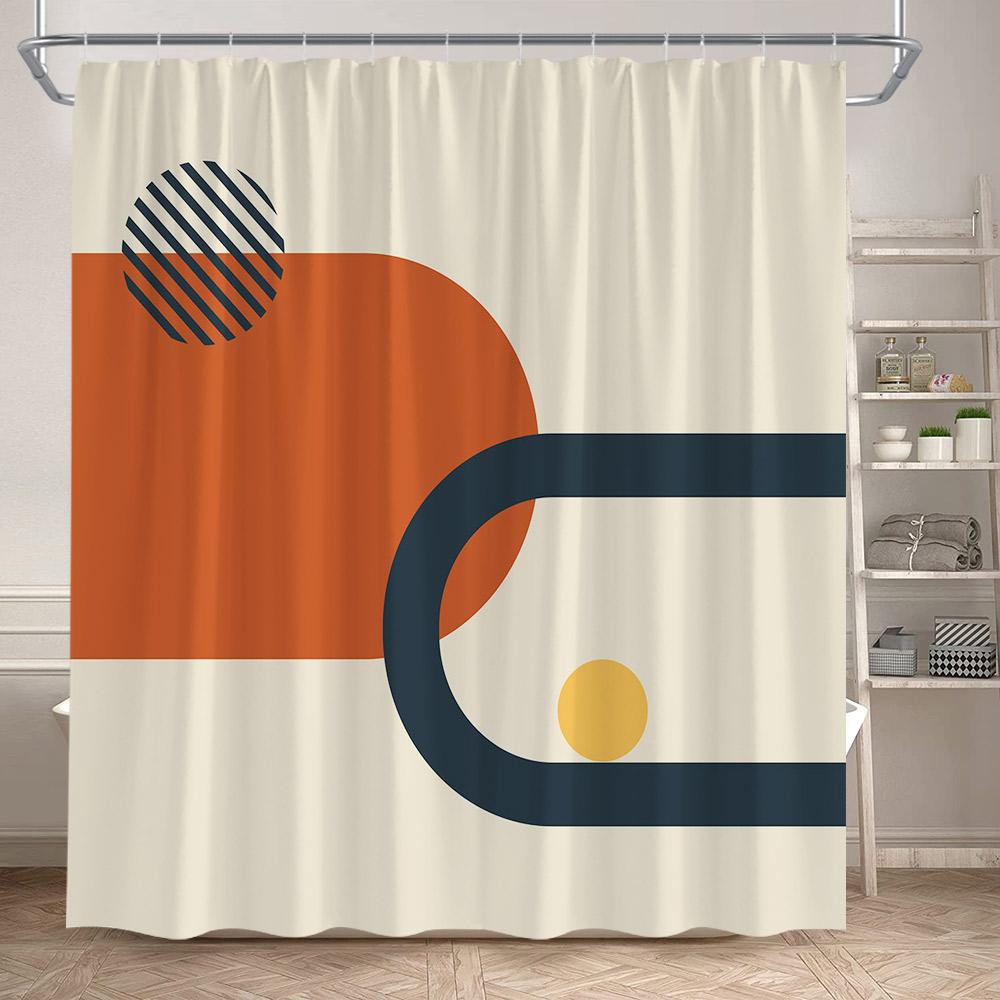 Abstract Mid Century Shower Curtains Green Leaf Modern Geometric Black Lines Aesthetic Art Bathroom Curtain Decor Set With Hooks