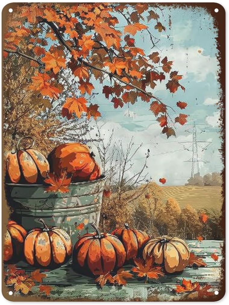 

Fall Tin Sign Vintage Metal Autumn Wall Decor for Home Kitchen Porch and Garden Rustic Fall Harvest and Thanksgiving Deco 20x30cm（7.8x11.8inch）
