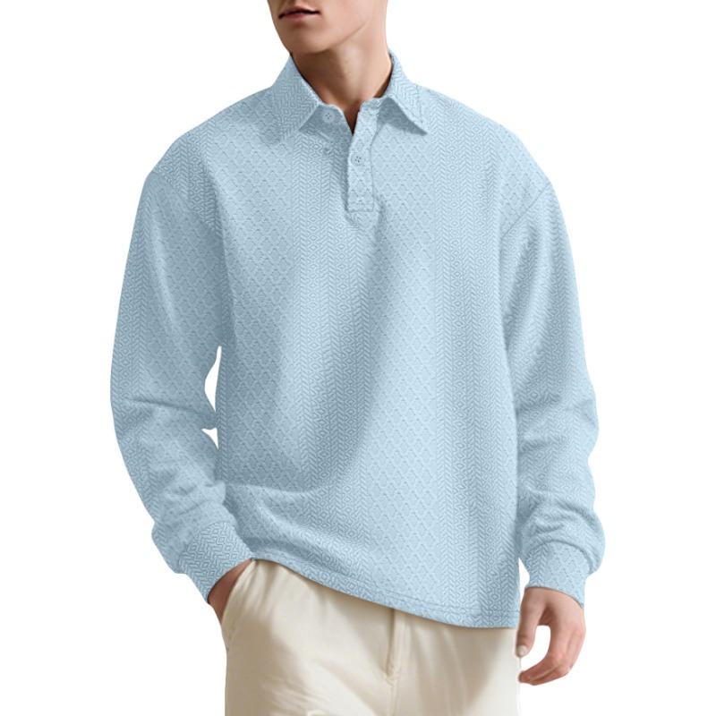 European American Men's Textured Jacquard Solid Button New Polo Shirt Lapel Long-sleeved Loose Sweatshirt