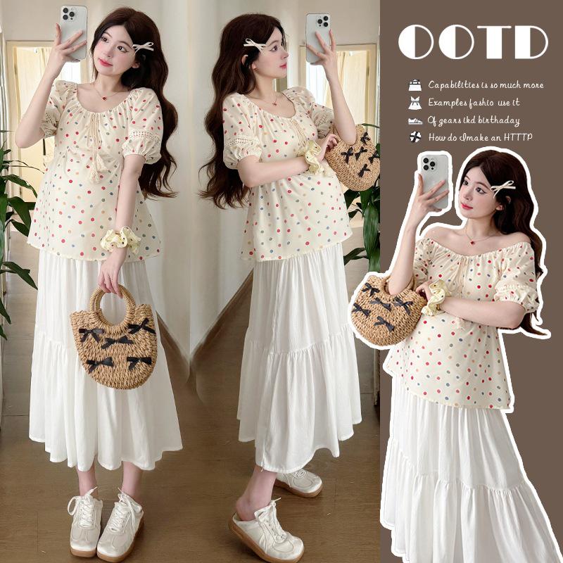 Maternity Summer 2026: Polka Dot Top & White Tiered Skirt Set L