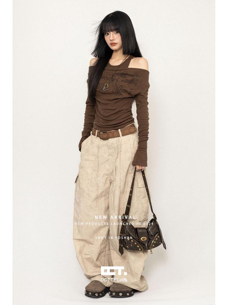 Damen Herbst Retro Ein-Schulter Slim Fit Langarm Oberteil