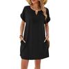 Women's V Neck Lace Panel Short Sleeve Tunic Dress Loose Fit Casual Solid Color Mini Dress With Side Pockets