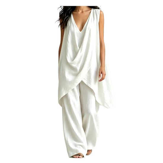 2 Piece Sets for Women, Irregular Hem Casual Sleeveless V Neck Top And Wide Leg Pants Summer Lounge Matching Outfits