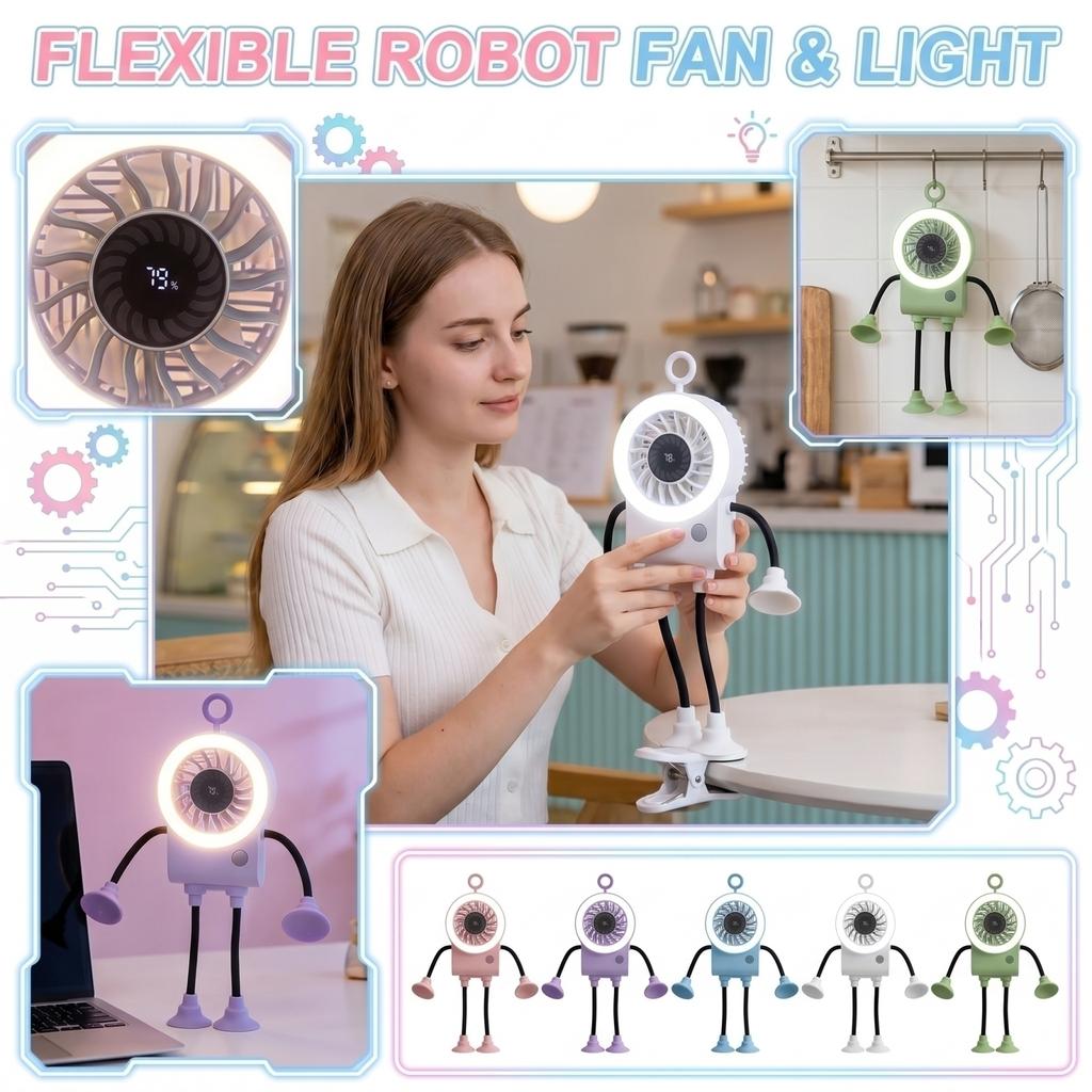 Mini Foldable Robot Fan with LED Display Suction Cup Portable Desk Fan Adjustable Angle USB Powered Small Cooling Fan for Office Home Travel