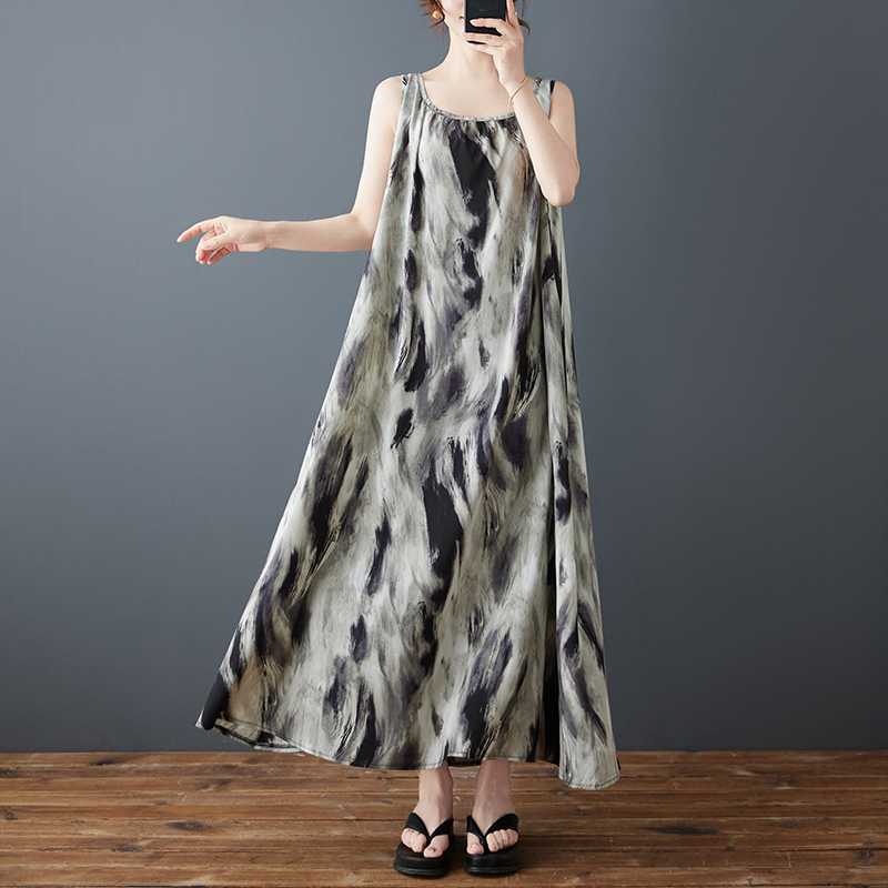 Women's New Fashionable Loose Chiffon Printed Dress Long Skirt