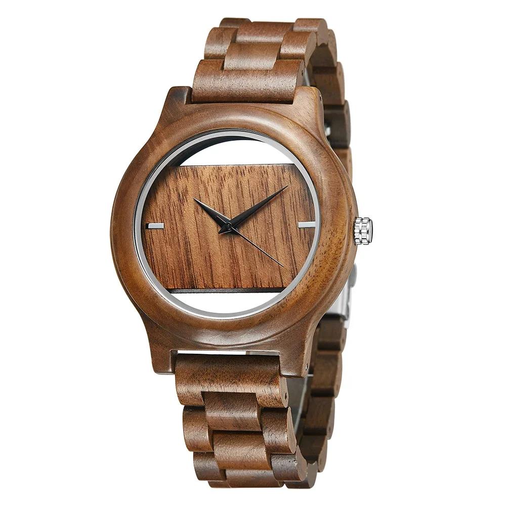 Unique Design Hollow Brown Wood Disc Men s Watch Luxury Fashion Trendy Men s Women s Accessories Watch Reloj De Madera