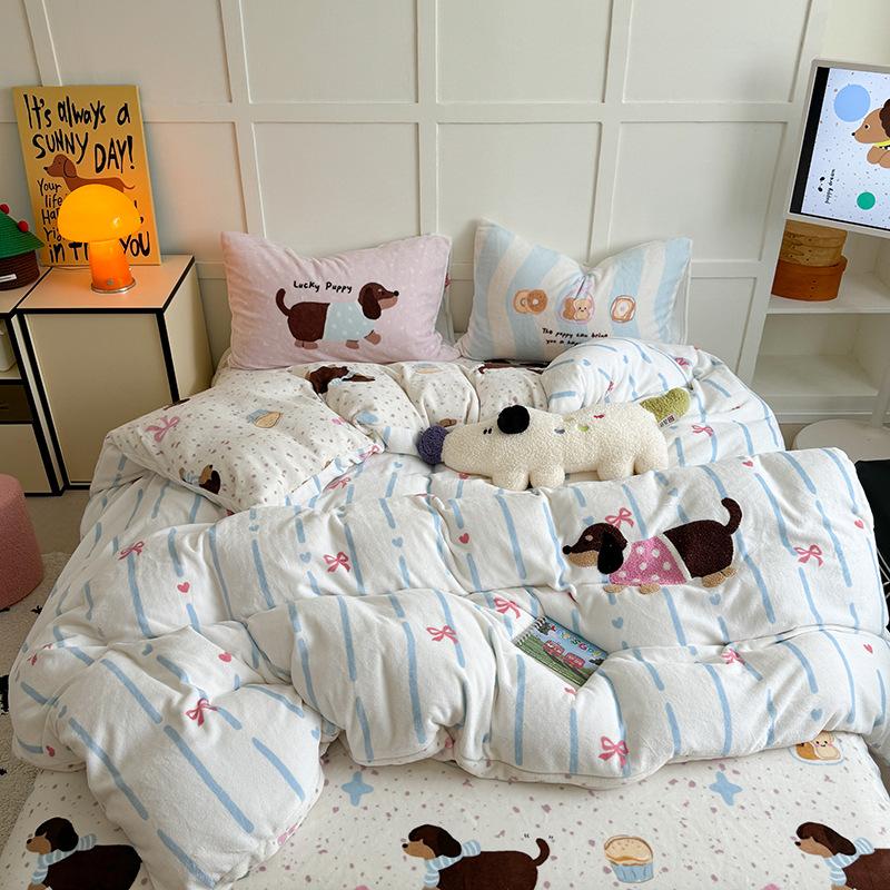 Love Cute Pet~ Thickened Milk Fleece Towel Embroidered Striped Love Rabbit Bed Four-Piece Coral Fleece 1.5 Meters