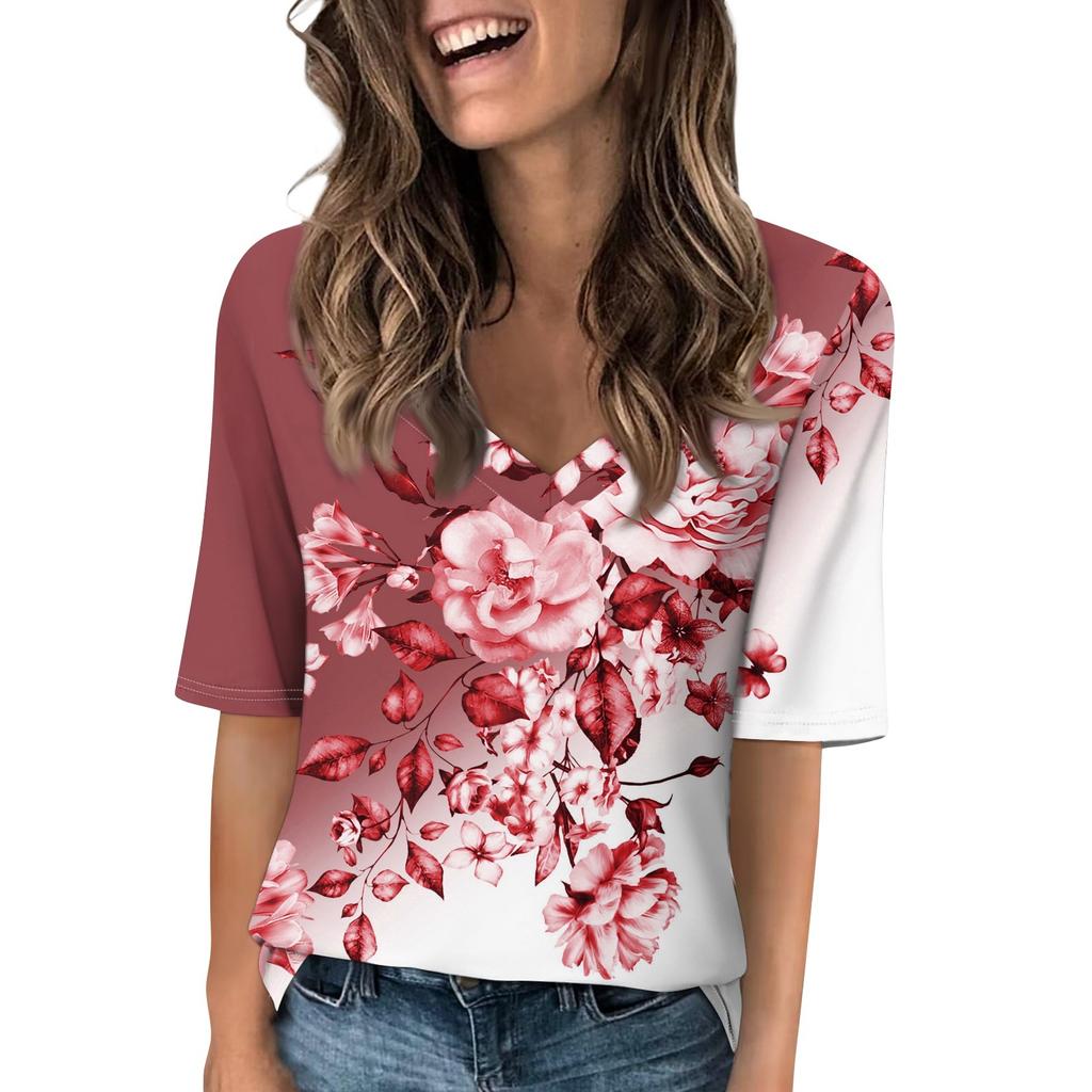 Shirts für Damen, trendige T-Shirts mit V-Ausschnitt, lässige bedruckte Sommer-T-Shirts, T-Shirt, Bluse, halblange Ärmel, Oberteile für Damen