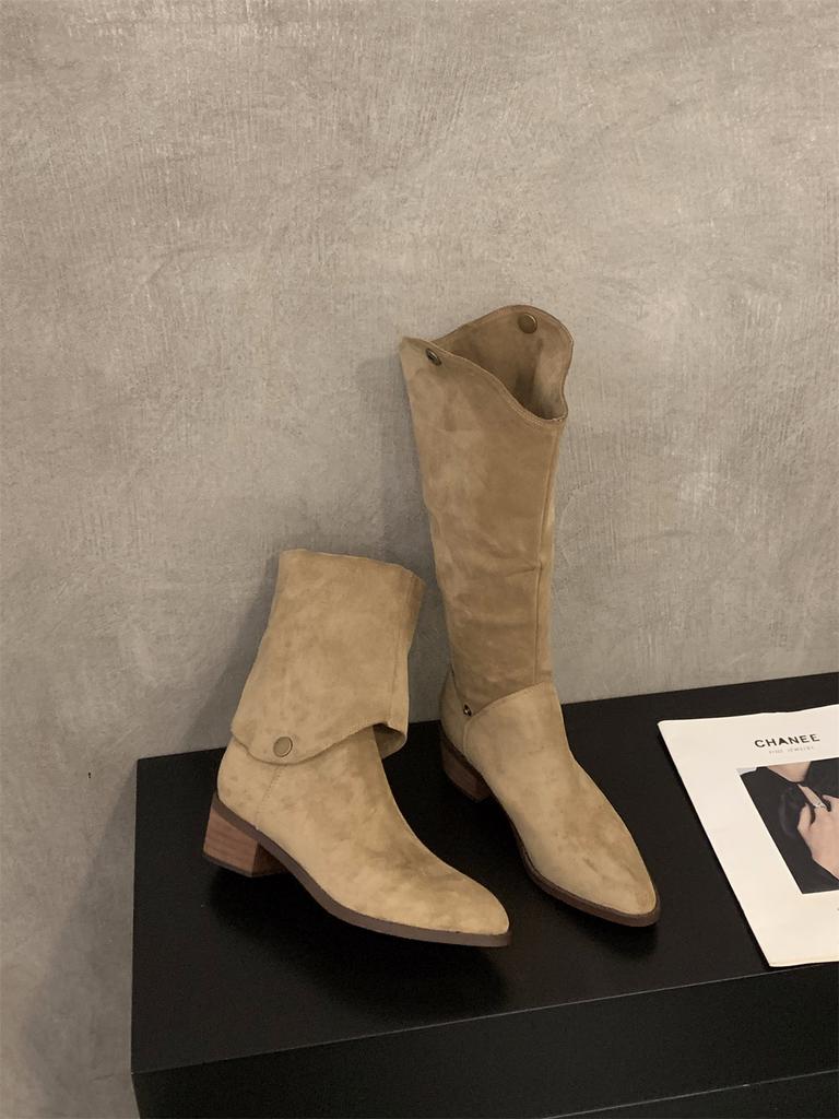 Coarse Heel V-mouth Skinny Boots Coffee Long Knight Boots Suede Pile Medium Long Boots