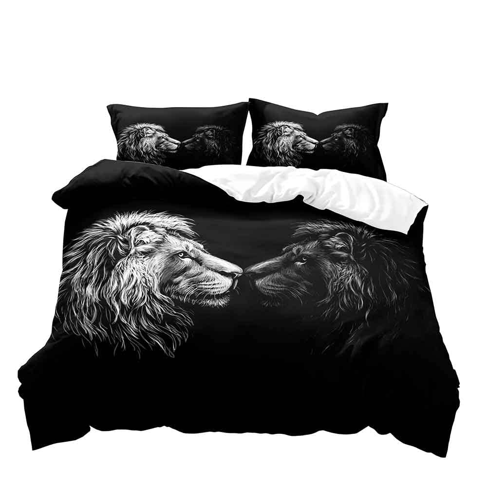 3PCS Lion King & Quen Beding Set, African Safari Animal Black Beding, Warm Comforter Cover, Bedrom Decor for Couples Ful Sized Dimensions