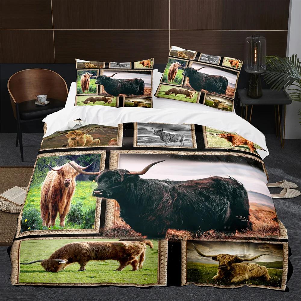 Highland Cow Duvet Cover King Queen Cattle Bedding Set Farmhouse Animal Quilt Cover Western Funny Bull Polyester Comforter Cover