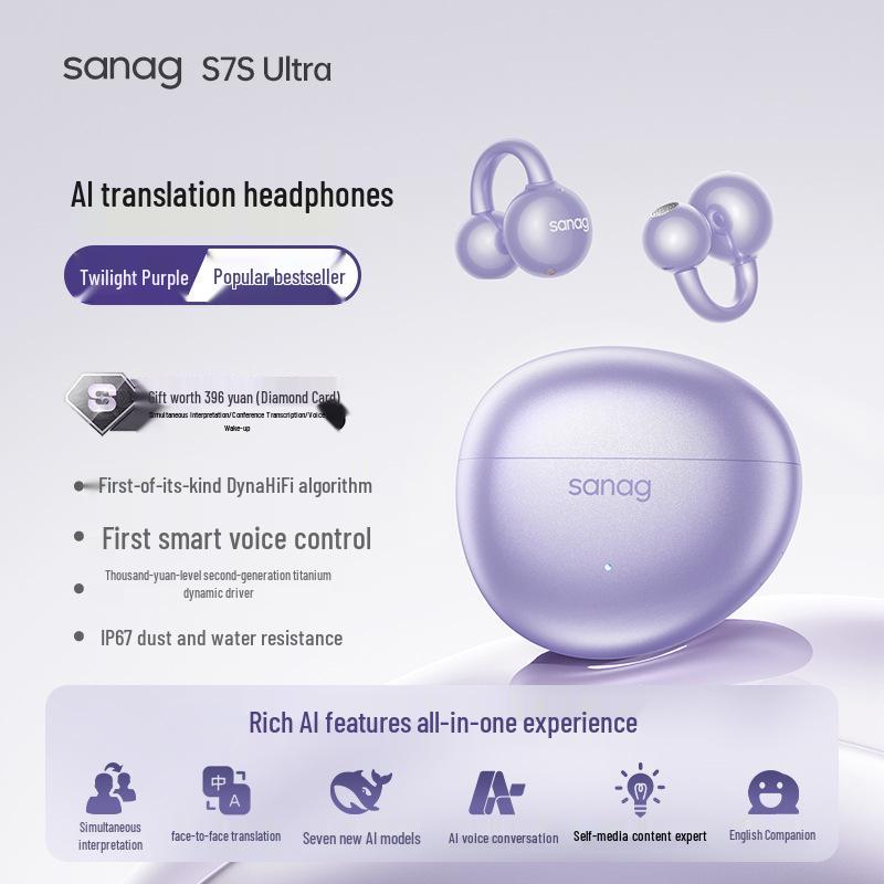 Sanag S7S Bluetooth Ear Clip Earphones with AI Translation and Air Conduction for 2025 Sports - Open, Not In-Ear Design