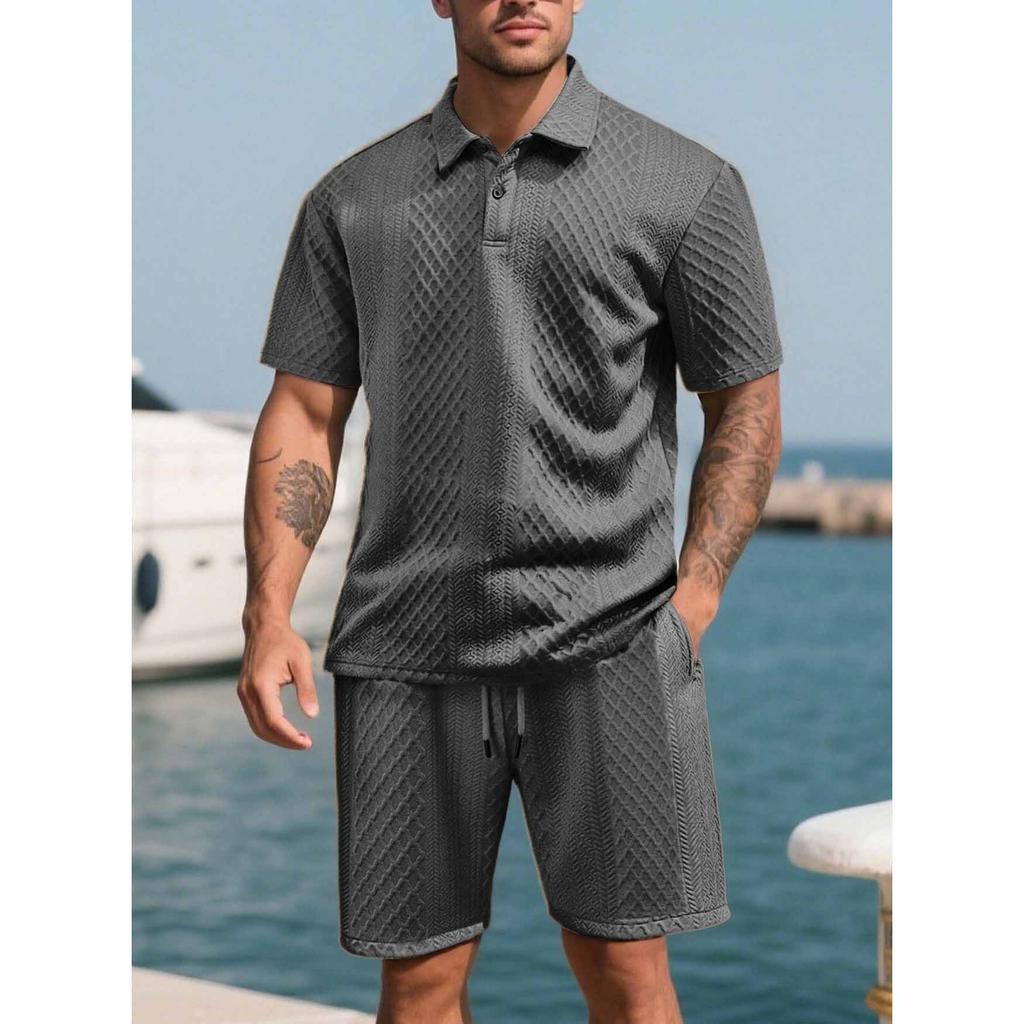 Summer Men's Casual Sportswear Polo Shirt With A Lapel Men's Short-sleeved Shirt And Shorts, Jacquard Texture Suit