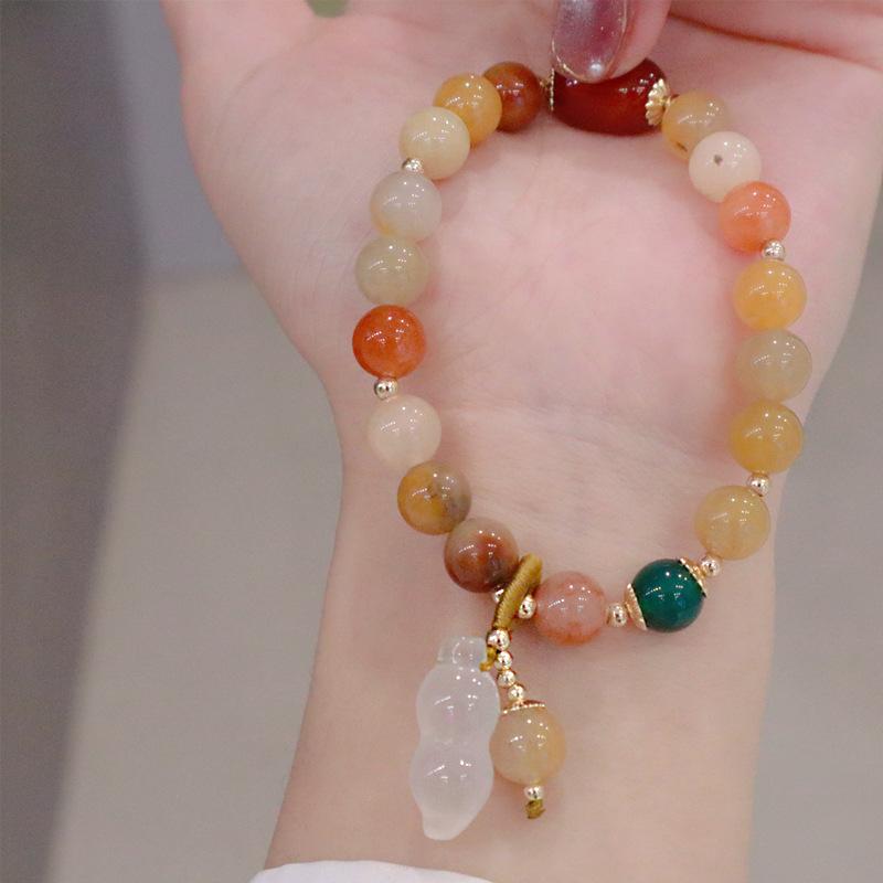 Vintage Vermilion Bracelet With Natural Gold Wire Jade Agate Gourd Peanut Bracelet Decorated With Vintage Chinese Style Accessories