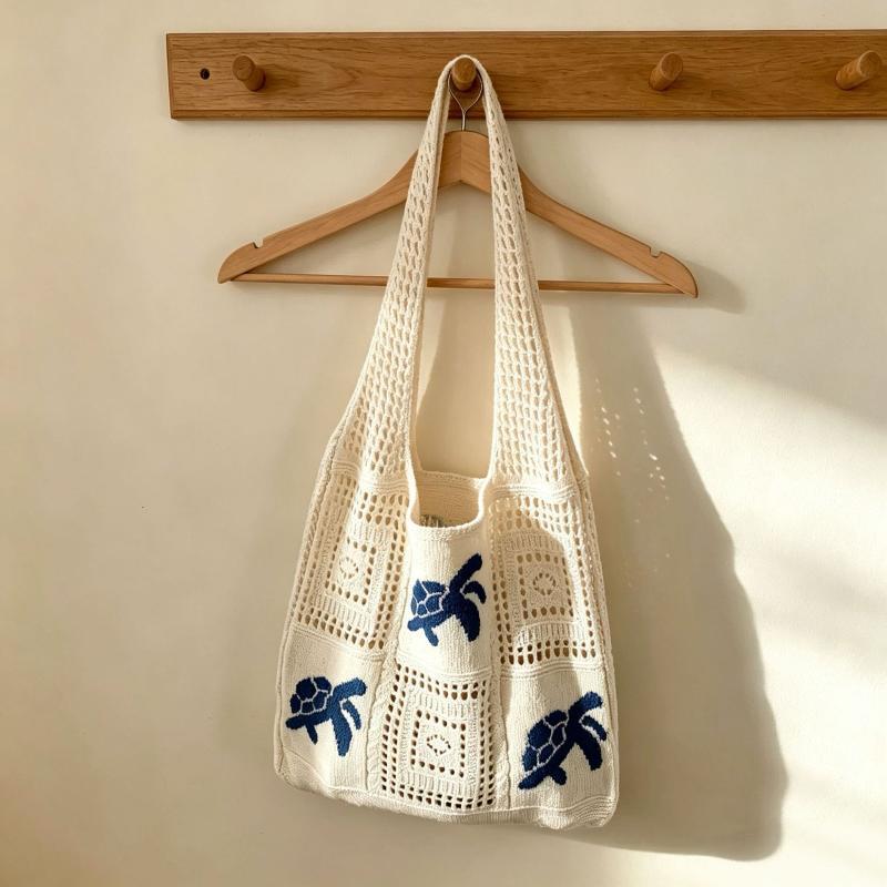 Crochet Beach Tote Bag Hollow Out Ocean Pattern Breathable Reusable Shoulder Bag for Vacation Shopping Daily Commute