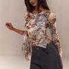 2025 Herbst und Winter neues einseitiges Blumenmuster Schlitz Trompete langärmeliges irreguläres Damenoberteil