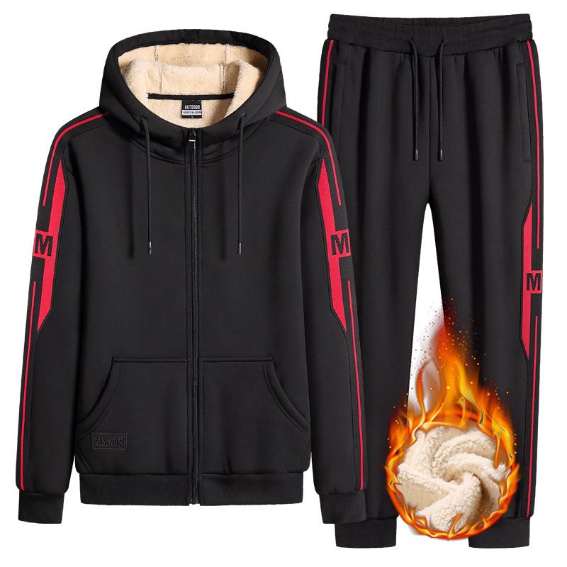 Plus Size Trendy Lambswool Hooded Jacket & Trousers Set for Fall/Winter