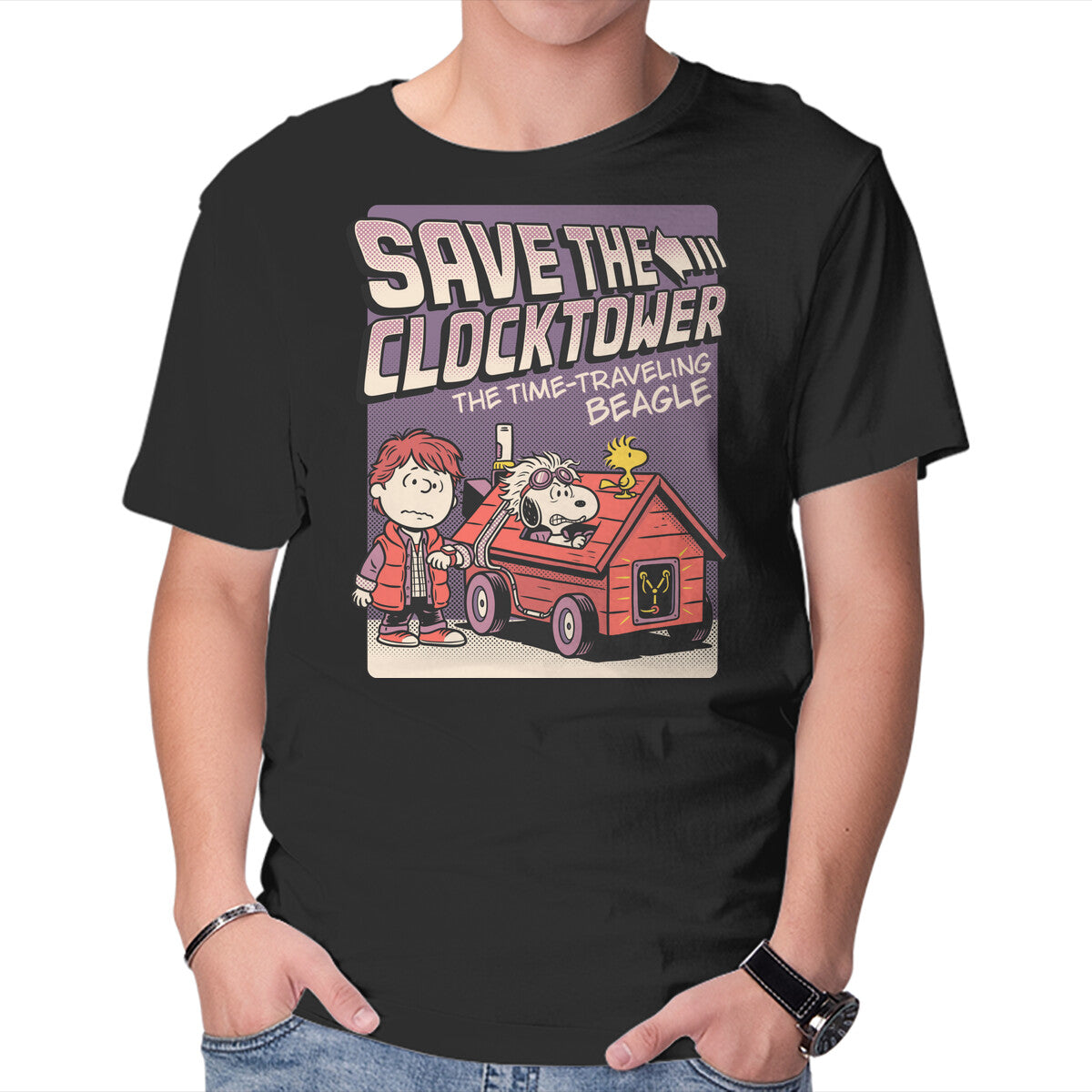 Unisex Crew Neck T-Shirt Time Traveling Beagle Graphic Short Sleeve Casual Tee M