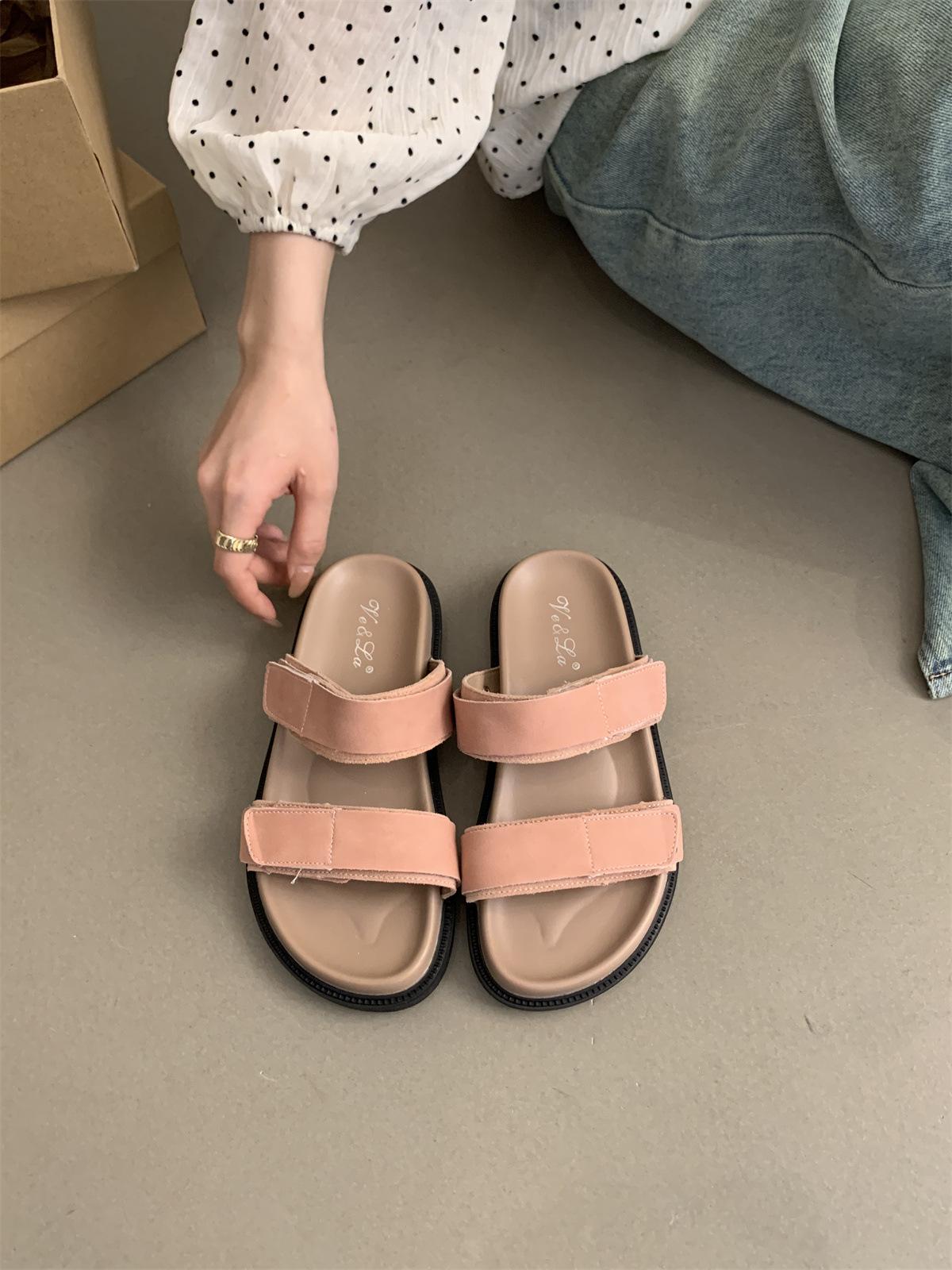 

2024 summer new fairy wind Velcro outer wear one-word drag women thick-bottomed casual Korean version of beach cool slippers 40 рожевий