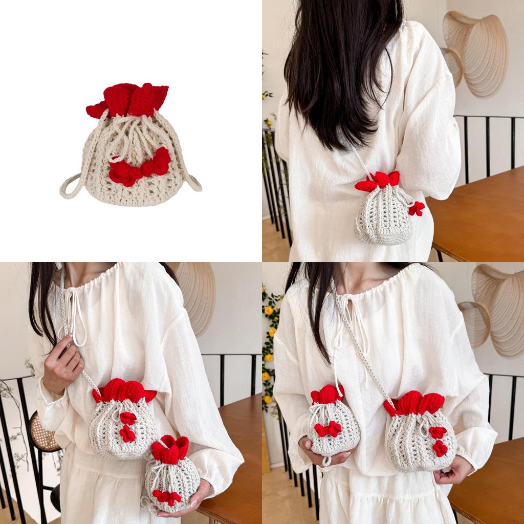 Minimally Woven Crossbody Bag With Flower Appearance And Drawstring Design For Daily Use