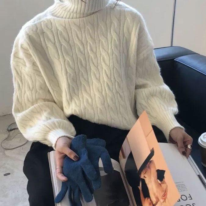 Dámský svetr s vysokým límcem a copánkovým vzorem: Korejský styl, Všestranný, Módní podzimní/zimní pulovr