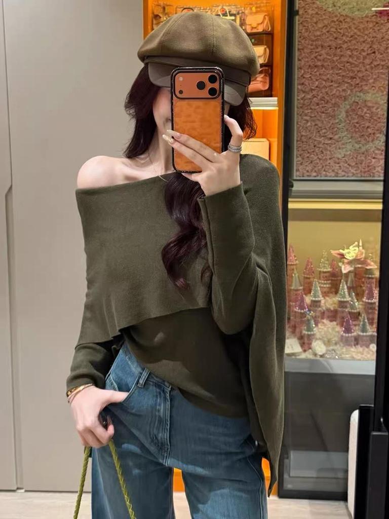 Korean Style Elegant Two-Piece Shawl Knitwear Sweater for Women - Autumn Cape Sleeves, Solid Color, Loose Fit, Slimming Top.