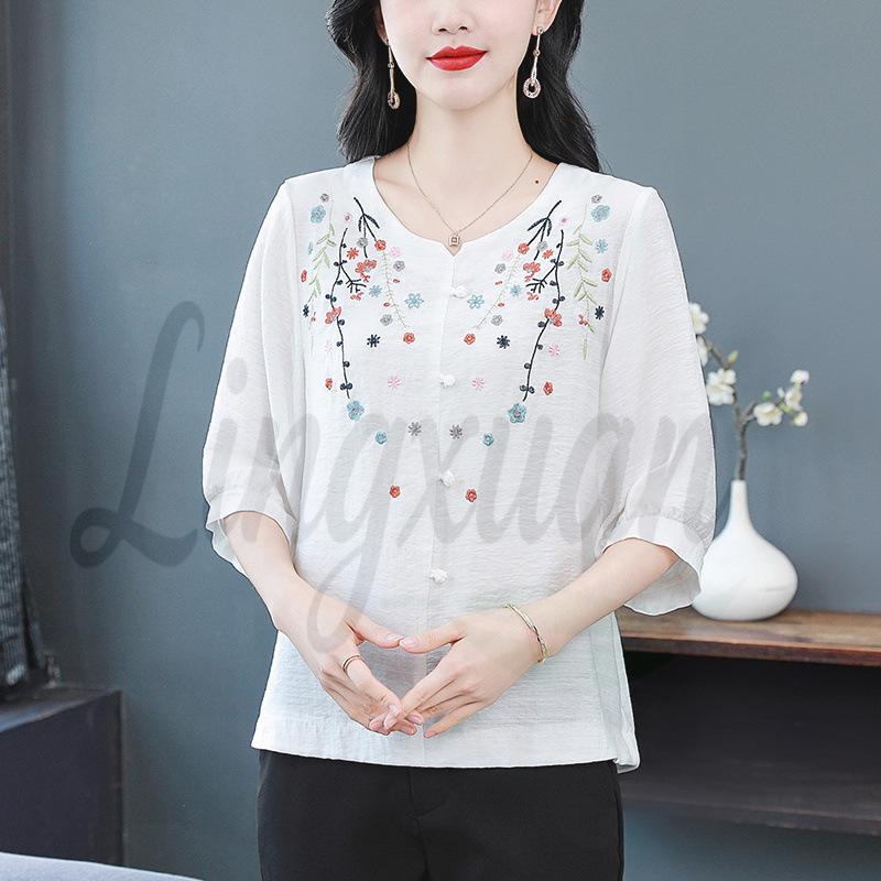 

2026 Summer Loose Embroidered Cotton & Linen Top - Slimming, Belly-Covering for Middle-Aged & Elderly Women 3XL грязно-белый