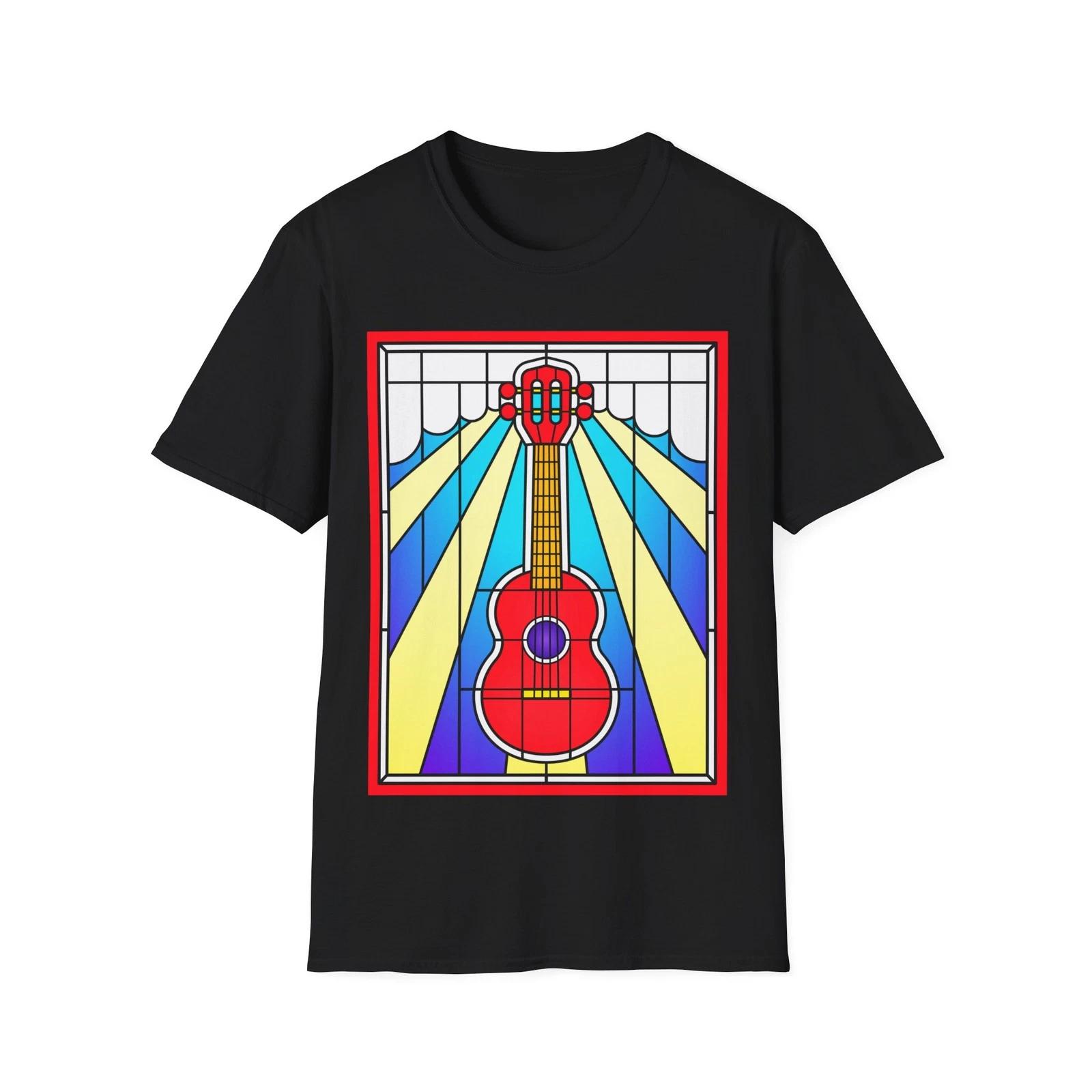 Stained Glass Guitar T-Shirt, Music Fan Graphic Tee, Regular Fit Top L