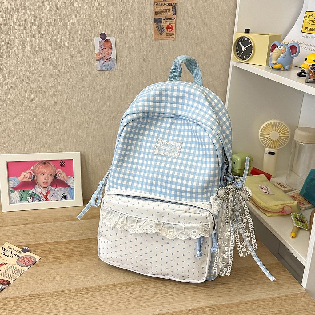 Schoolbag Korean Sweet Plaid Backpack Female Junior High School High School Student School Bag Lace Large Capacity Lightweight Backpack
