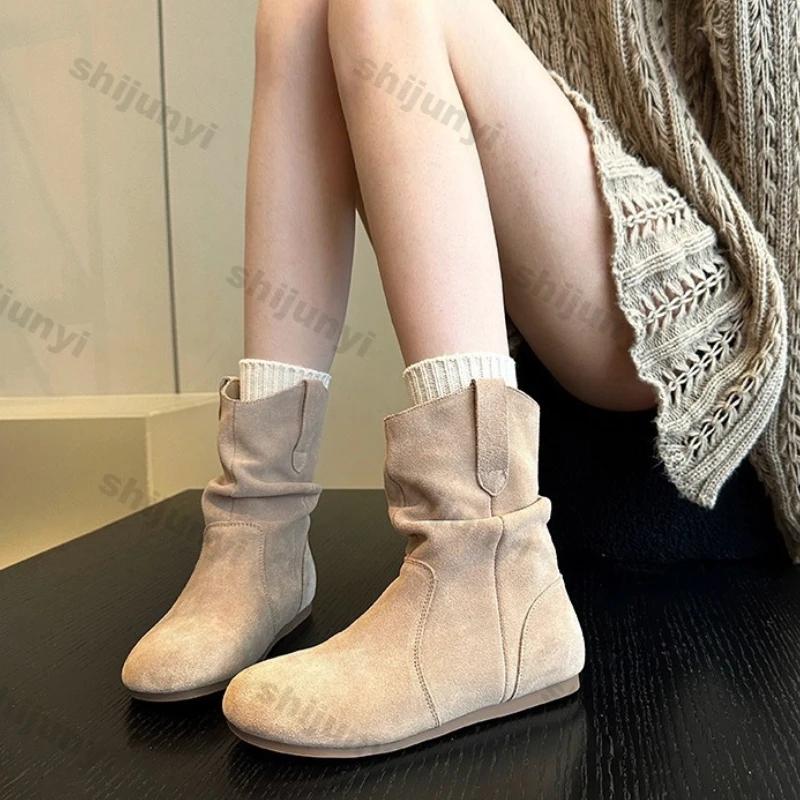 Fashion Women's Fashion Thick Heels Ankle Boots Soft Sole Pleated Ankle Boots Western Boots Woman Autumn Slip On Pile Short Botas Mujer