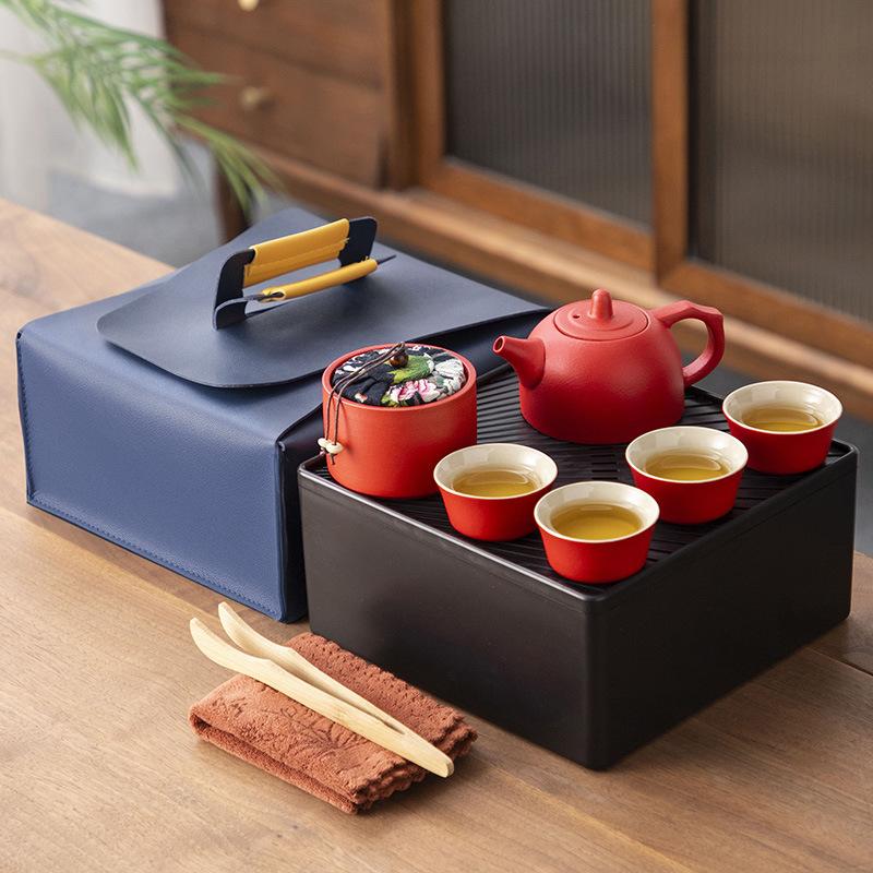 Japanese-style black pottery outdoor portable travel tea set, beam pot, dry tea tray, business company gift