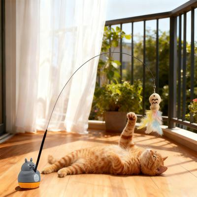 Rotating Cat Teaser Stick Interactive Cat Toy with Feathered Teaser Heads 360-Degree Rotating Base Detachable Wand Self-Play Toy for Small Medium